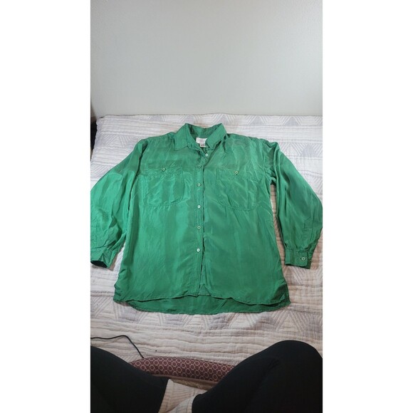 Bogari 100% Silk Button Down Shirt Green Long Sleeve Pockets Small Vintage Y2K - Picture 6 of 9